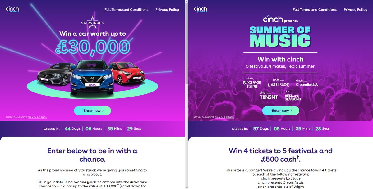 cinch presents Starstruck and Summer of Music competition pages, side by side
