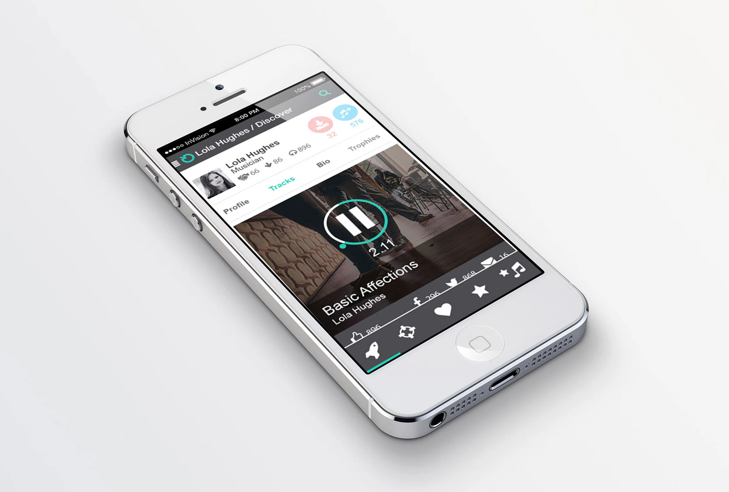 mewe Music 2015 concept prototype — artist profile and track player screen