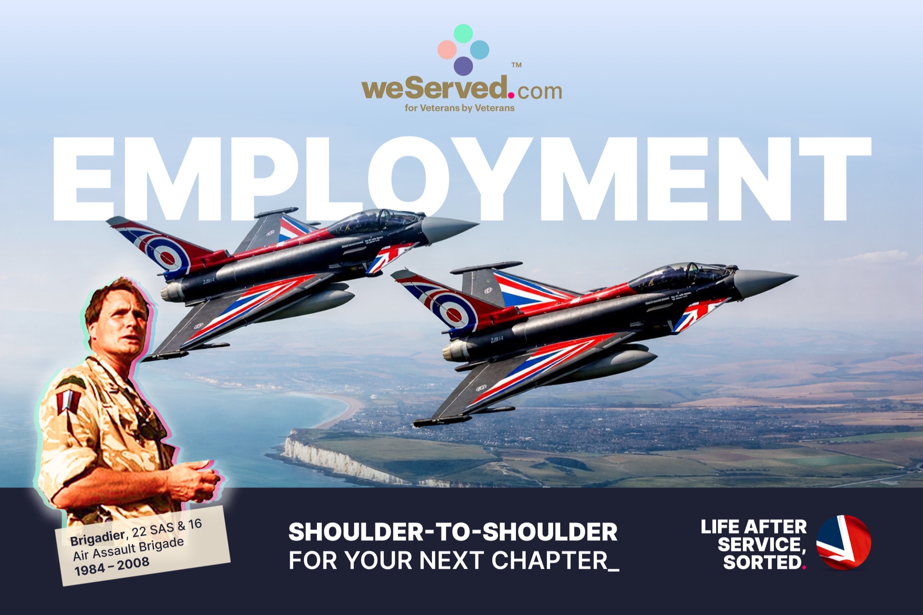 weServed employment campaign artwork featuring Brigadier (Retd) Ed Butler and RAF aircraft